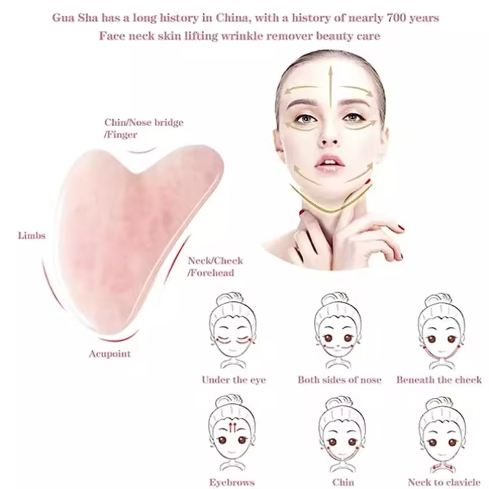 Natural Rose Quartz & Jade Gua Sha Scraper Facial Lifting Massage Tool for Wrinkle Reduction - Image 5